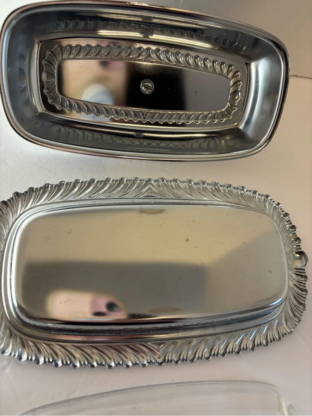 Butter Dish Glass Insert VTG Chromeplated Decorative Finial Lid